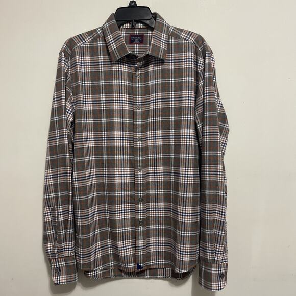 UnTuckit Flannel Shirt Mens Large Slim Fit Brown Gray Plaid Button Up Quenterra - Picture 1 of 8